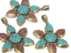 1 Pendant - Ethnic Tibetan brass flower shape turquoise coral mosaic inlay pendant from Nepal - PM561