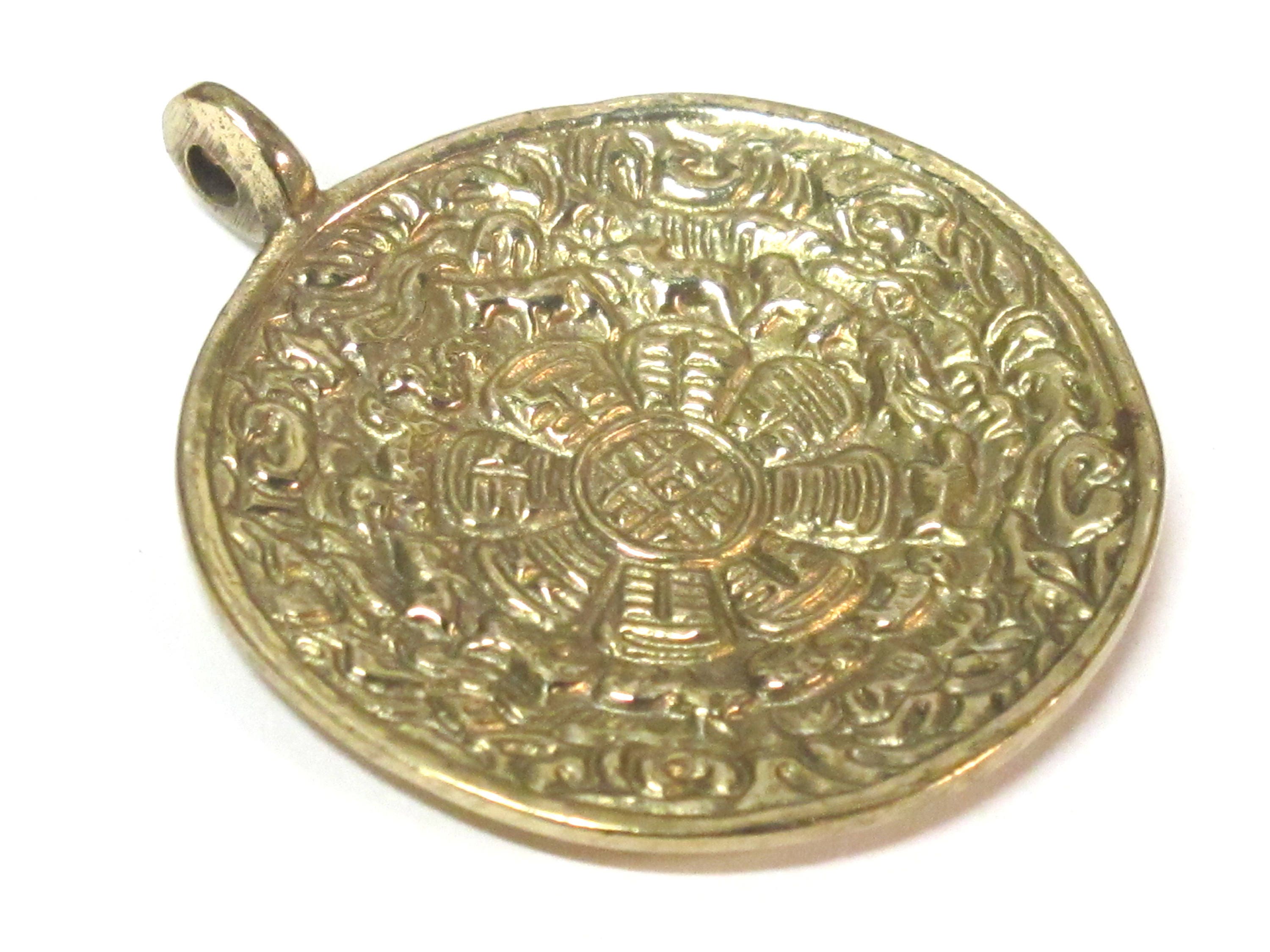 Tibetan ethnic timeline wheel calendar melong solid Brass pendant 50 mm height x 43 mm wide - CP124 custom design copyright Nepalbeadshop