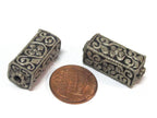 1 BEAD - Tibetan silver repousse floral leaf carving rectangle cube shape bead - BD965