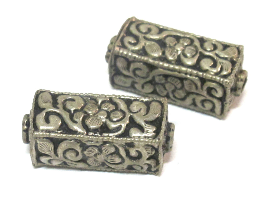 1 BEAD - Tibetan silver repousse floral leaf carving rectangle cube shape bead - BD965