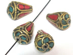 4 Beads - Tibetan beads -Ethnic Nepal Brass bead with turquoise inlay cone shape - BD355s
