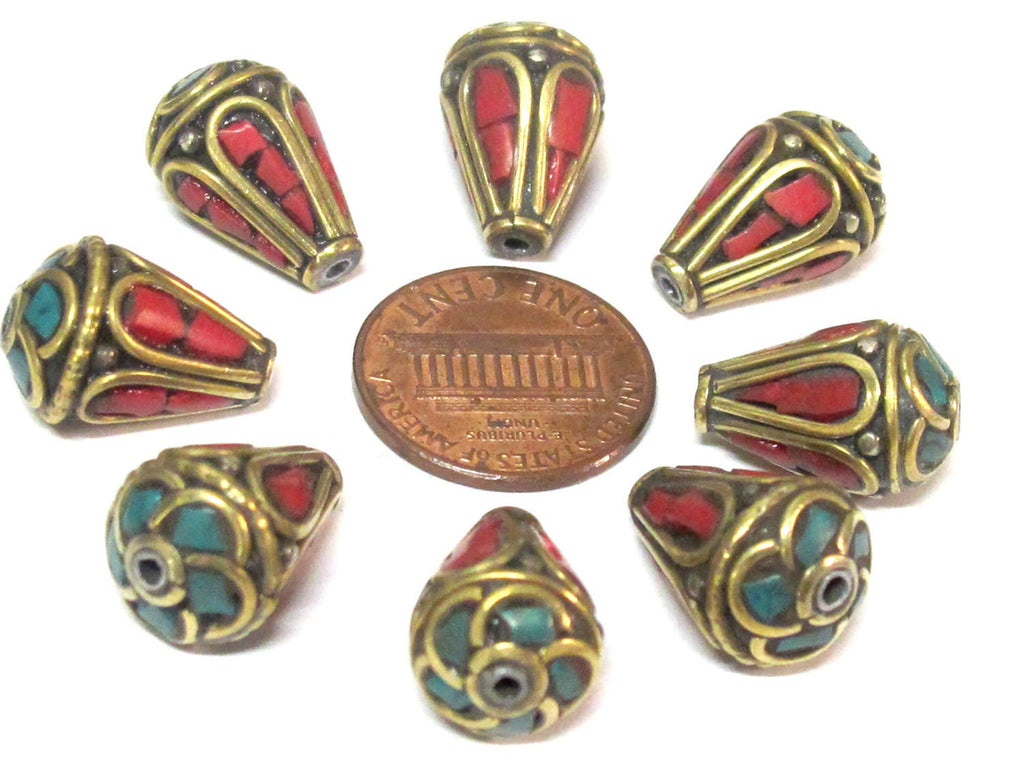 4 Beads - Tibetan beads -Ethnic Nepal Brass bead with turquoise inlay cone shape - BD355s
