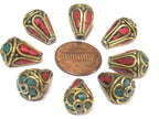 4 Beads - Tibetan beads -Ethnic Nepal Brass bead with turquoise inlay cone shape - BD355s