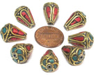 4 Beads - Tibetan beads -Ethnic Nepal Brass bead with turquoise inlay cone shape - BD355s