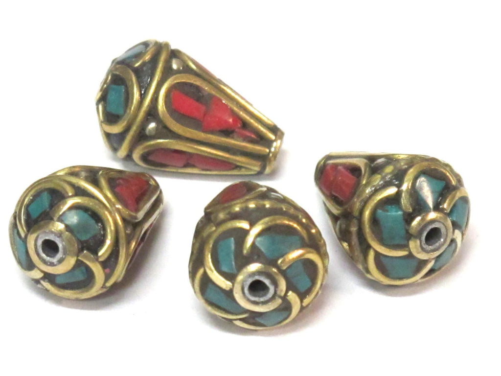 4 Beads - Tibetan beads -Ethnic Nepal Brass bead with turquoise inlay cone shape - BD355s