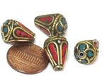 4 Beads - Tibetan beads -Ethnic Nepal Brass bead with turquoise inlay cone shape - BD355s