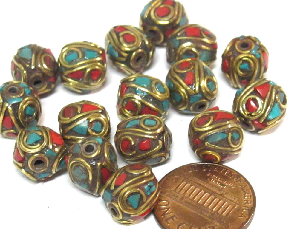 2 Beads - Ethnic Nepal beads Tibetan beads with Brass turquoise coral inlay oval shape nepal metal beads tibet focal beads BD356A