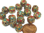 2 Beads - Ethnic Nepal beads Tibetan beads with Brass turquoise coral inlay oval shape nepal metal beads tibet focal beads BD356A