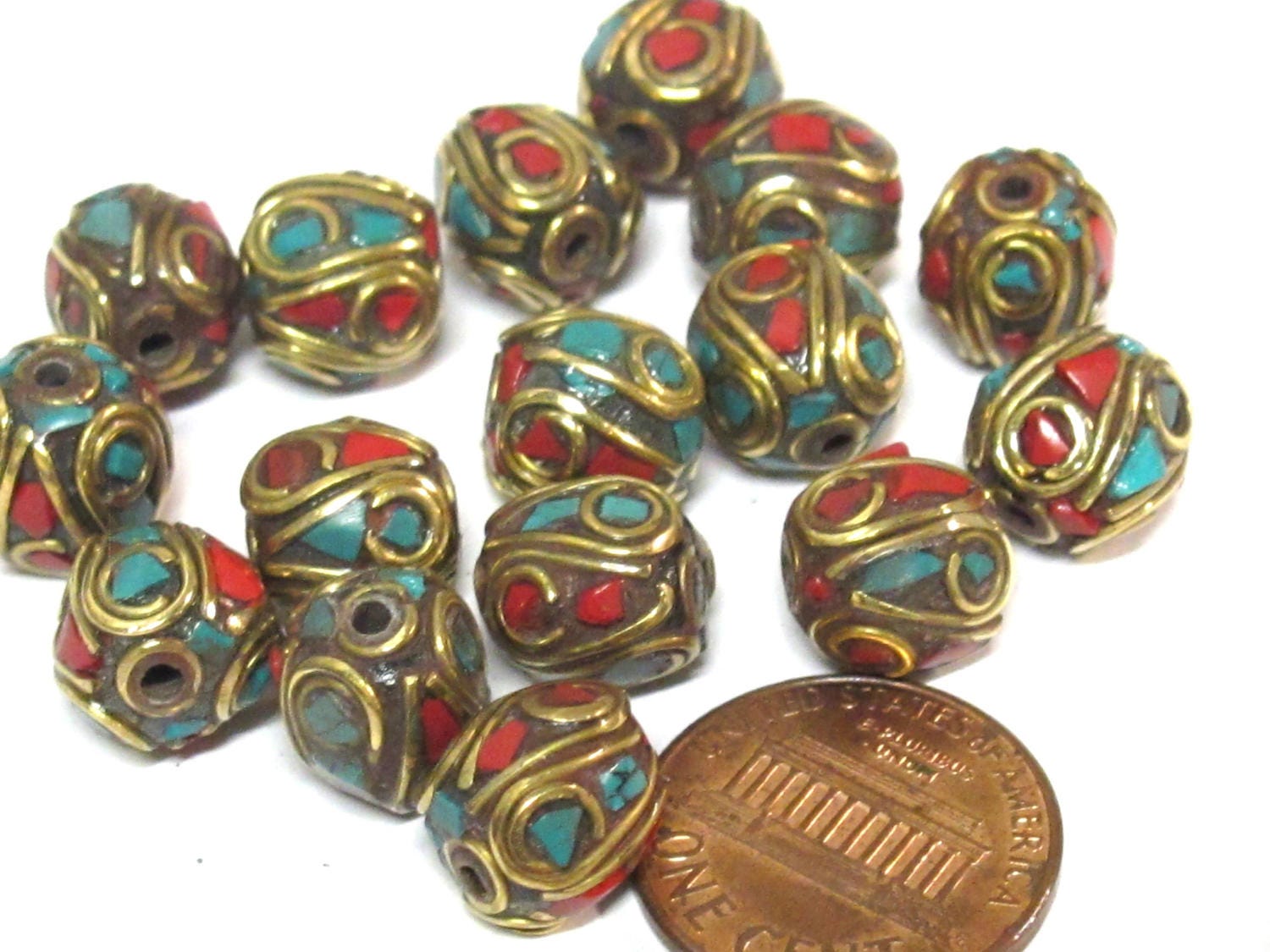 2 Beads - Ethnic Nepal beads Tibetan beads with Brass turquoise coral inlay oval shape nepal metal beads tibet focal beads BD356A