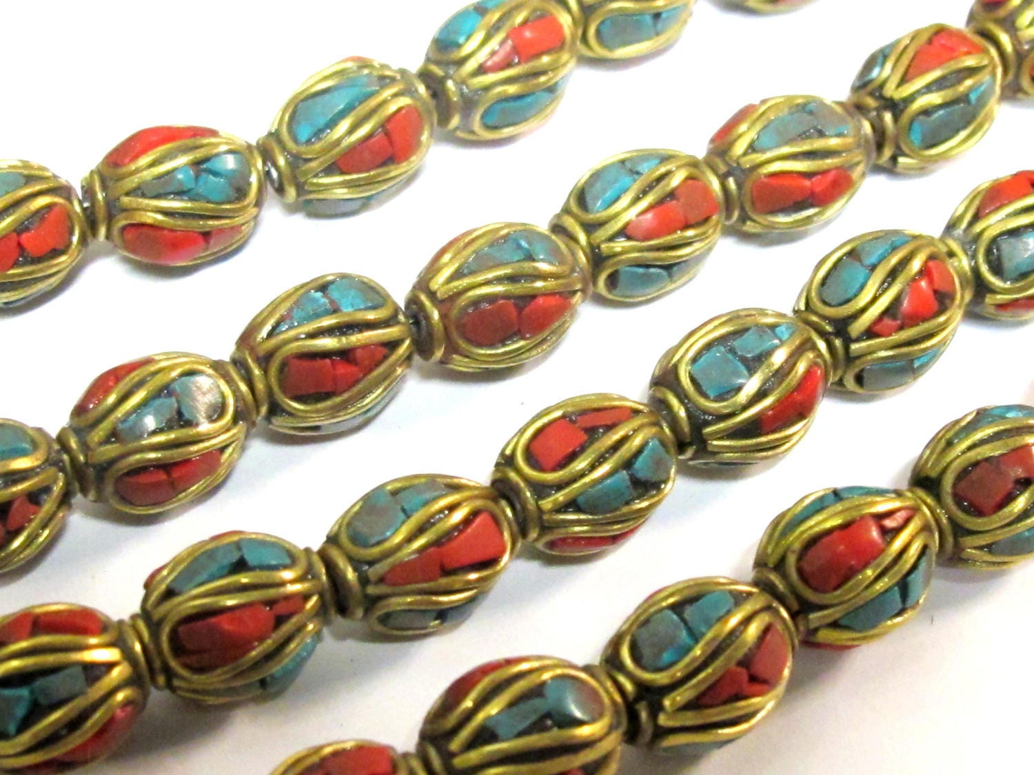 2 Beads - Ethnic Nepal beads Tibetan beads with Brass turquoise inlay drum shape - BD357A