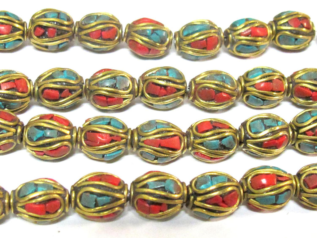 2 Beads - Ethnic Nepal beads Tibetan beads with Brass turquoise inlay drum shape - BD357A