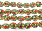 2 Beads - Ethnic Nepal beads Tibetan beads with Brass turquoise inlay drum shape - BD357A