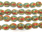 2 Beads - Ethnic Nepal beads Tibetan beads with Brass turquoise inlay drum shape - BD357A