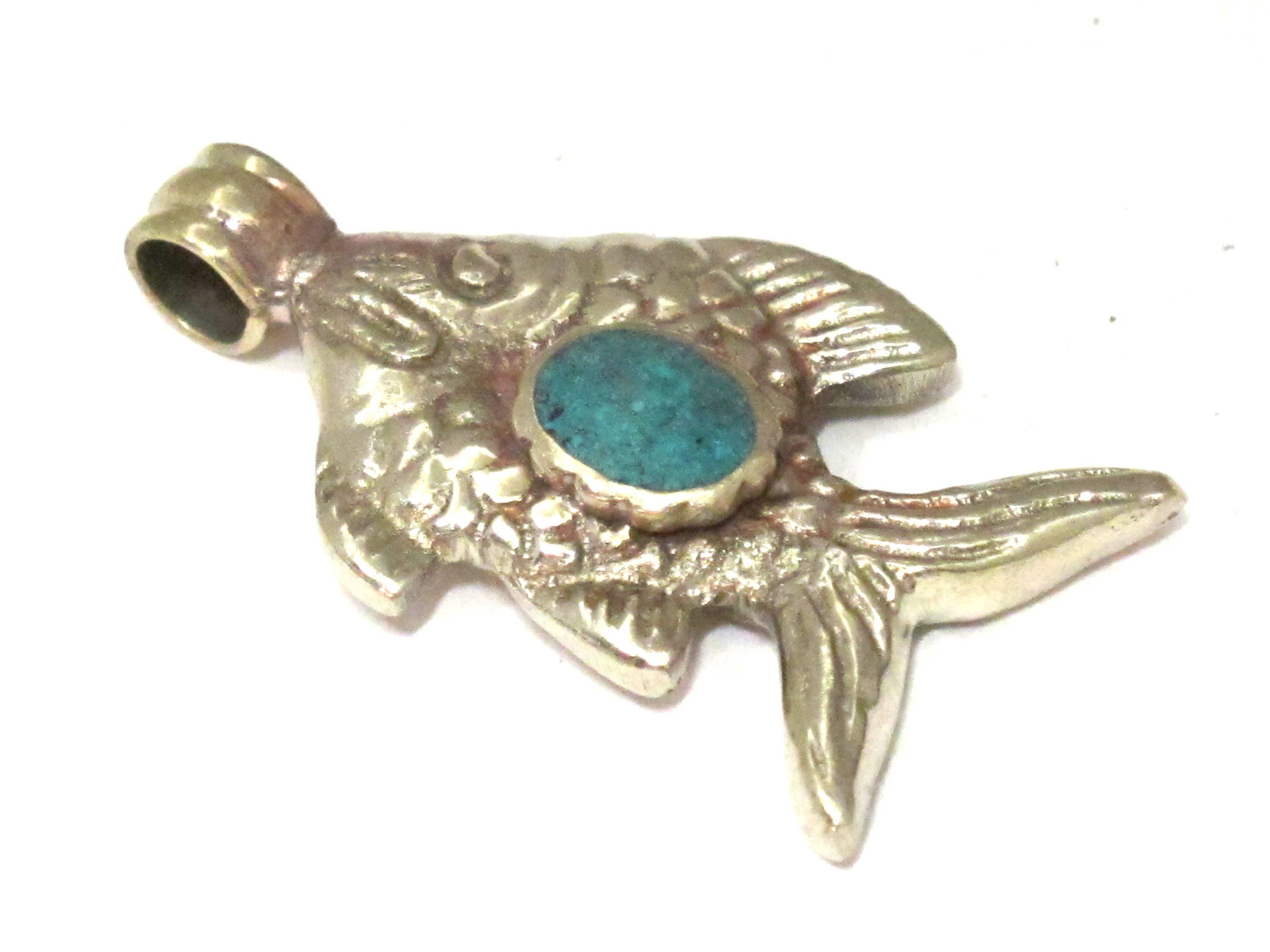 1 Pendant - Dual sided Tibetan silver fish repousse pendant with turquoise inlay from Nepal - PM563A
