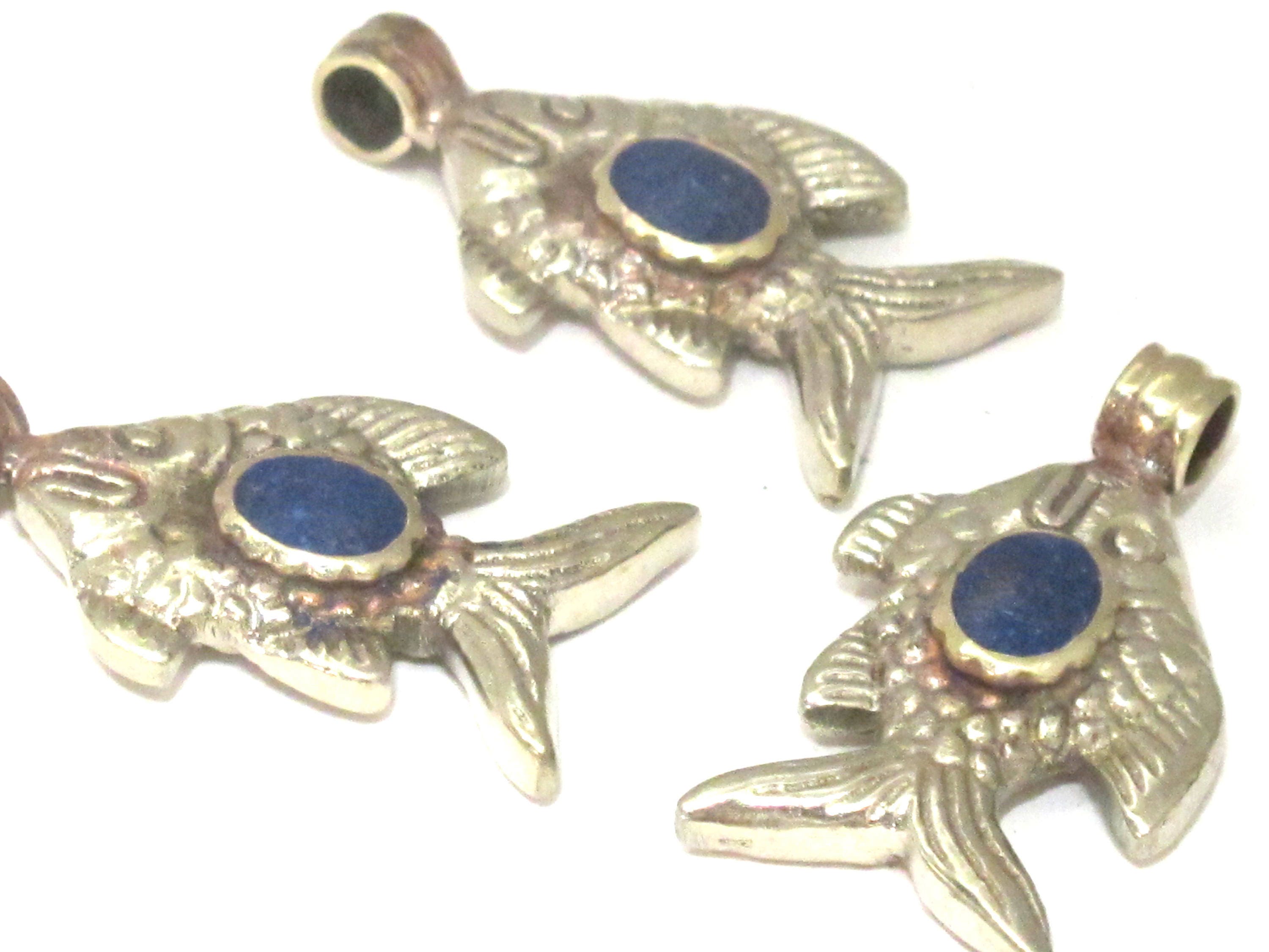 1 Pendant - Dual sided Tibetan silver fish repousse pendant with lapis inlay from Nepal - PM563B