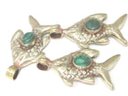 1 Pendant - Dual sided Tibetan silver fish repousse pendant with malachite inlay from Nepal - PM563C