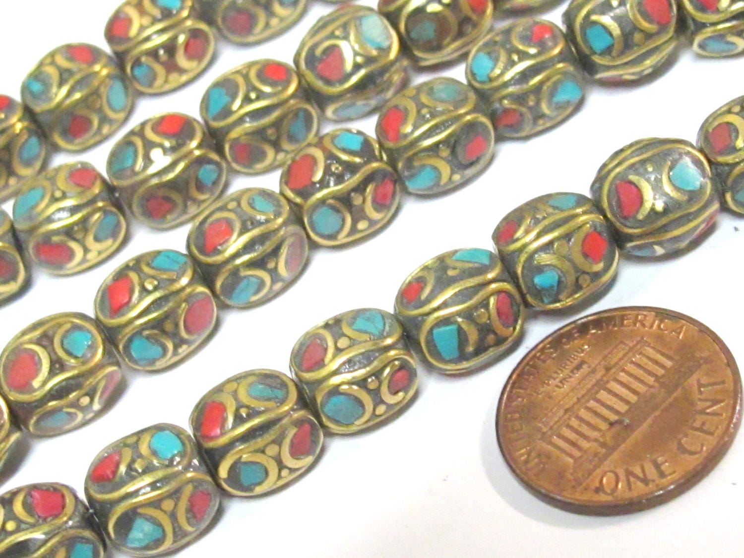 2 beads - Ethnic nepal beads oval cuboid shape brass turquoise inlay - BD280A