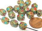2 beads - Ethnic nepal beads oval cuboid shape brass turquoise inlay - BD280A