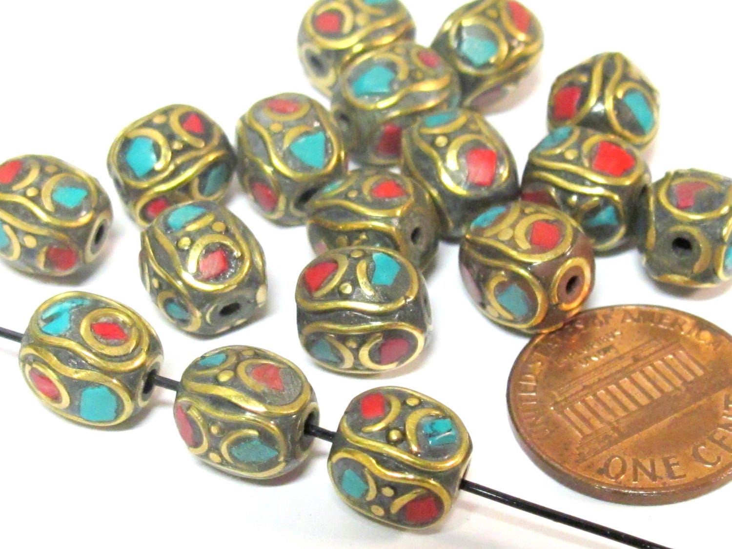 2 beads - Ethnic nepal beads oval cuboid shape brass turquoise inlay - BD280A