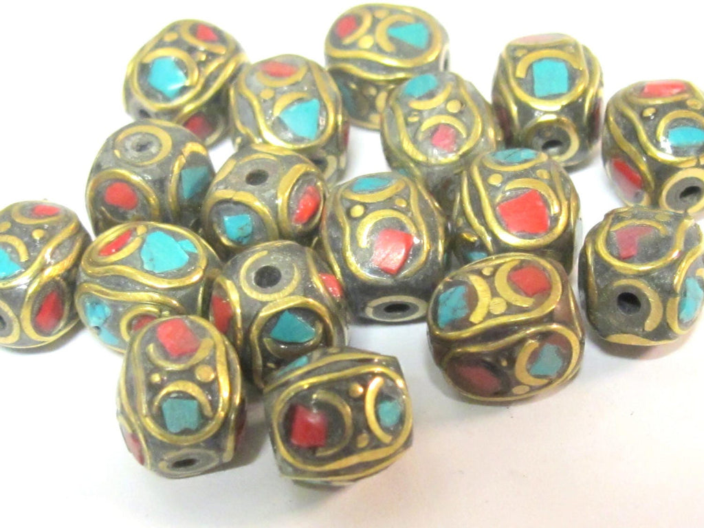 2 beads - Ethnic nepal beads oval cuboid shape brass turquoise inlay - BD280A