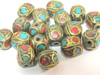 2 beads - Ethnic nepal beads oval cuboid shape brass turquoise inlay - BD280A