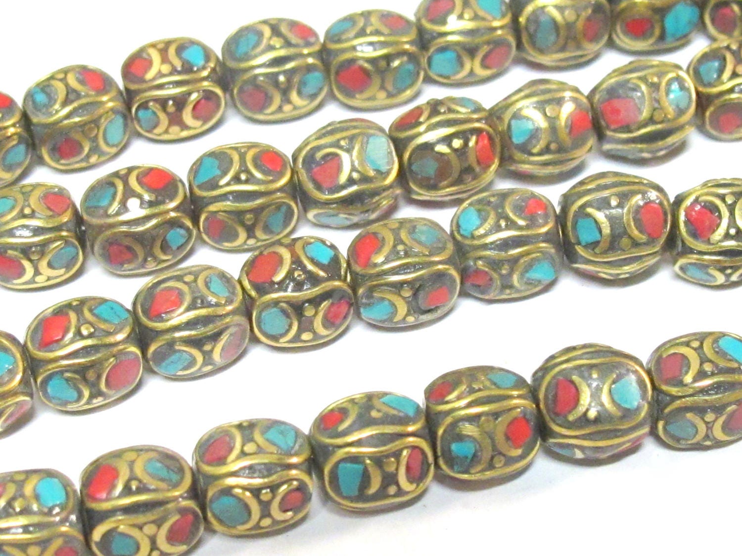 2 beads - Ethnic nepal beads oval cuboid shape brass turquoise inlay - BD280A