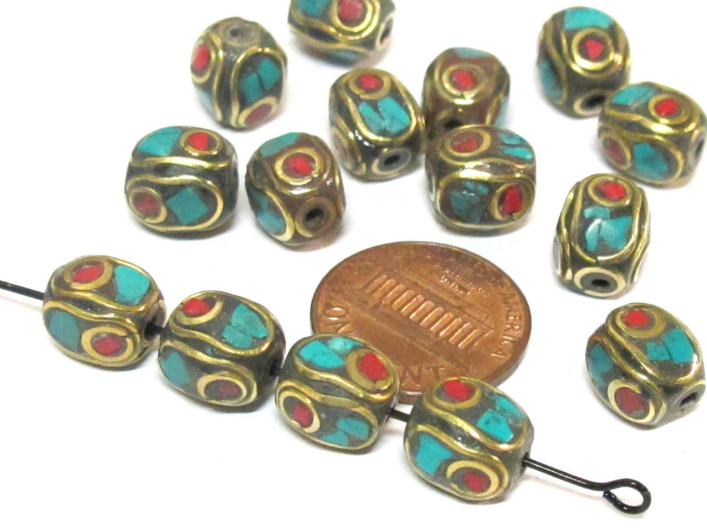 2 beads - Beautiful Nepal beads oval cuboid shape brass turquoise inlay - BD286A