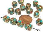 2 beads - Beautiful Nepal beads oval cuboid shape brass turquoise inlay - BD286A
