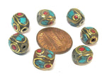 2 beads - Beautiful Nepal beads oval cuboid shape brass turquoise inlay - BD286A