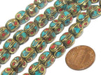 2 beads - Beautiful Nepal beads oval cuboid shape brass turquoise inlay - BD286A
