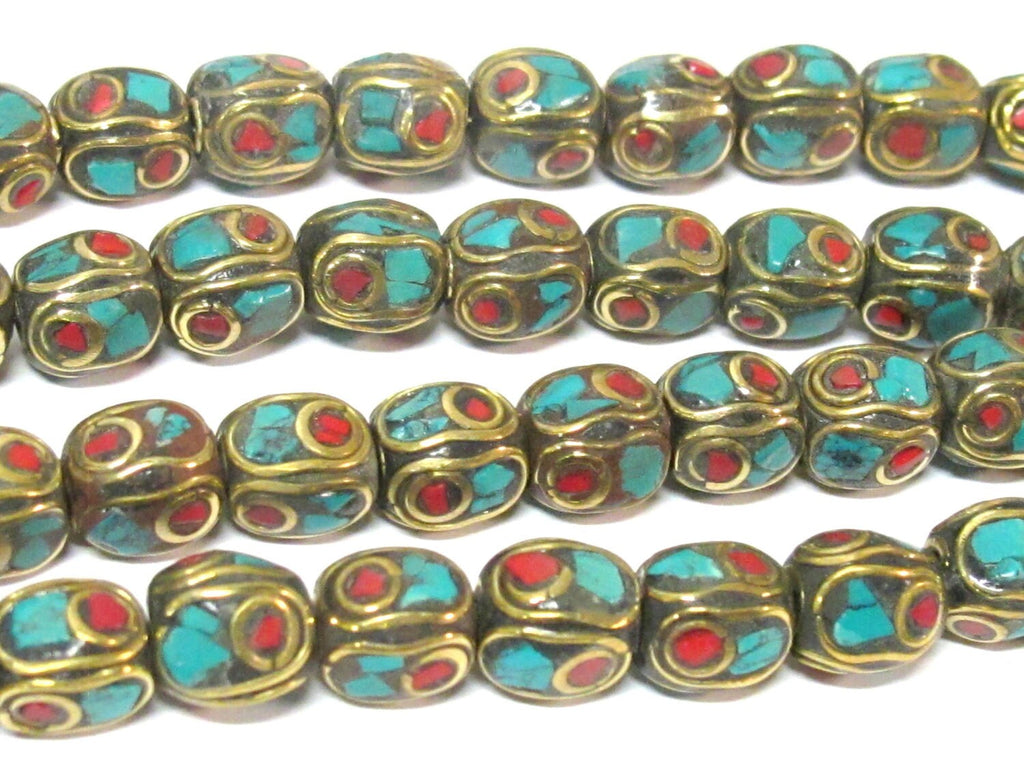2 beads - Beautiful Nepal beads oval cuboid shape brass turquoise inlay - BD286A