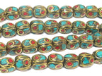 2 beads - Beautiful Nepal beads oval cuboid shape brass turquoise inlay - BD286A