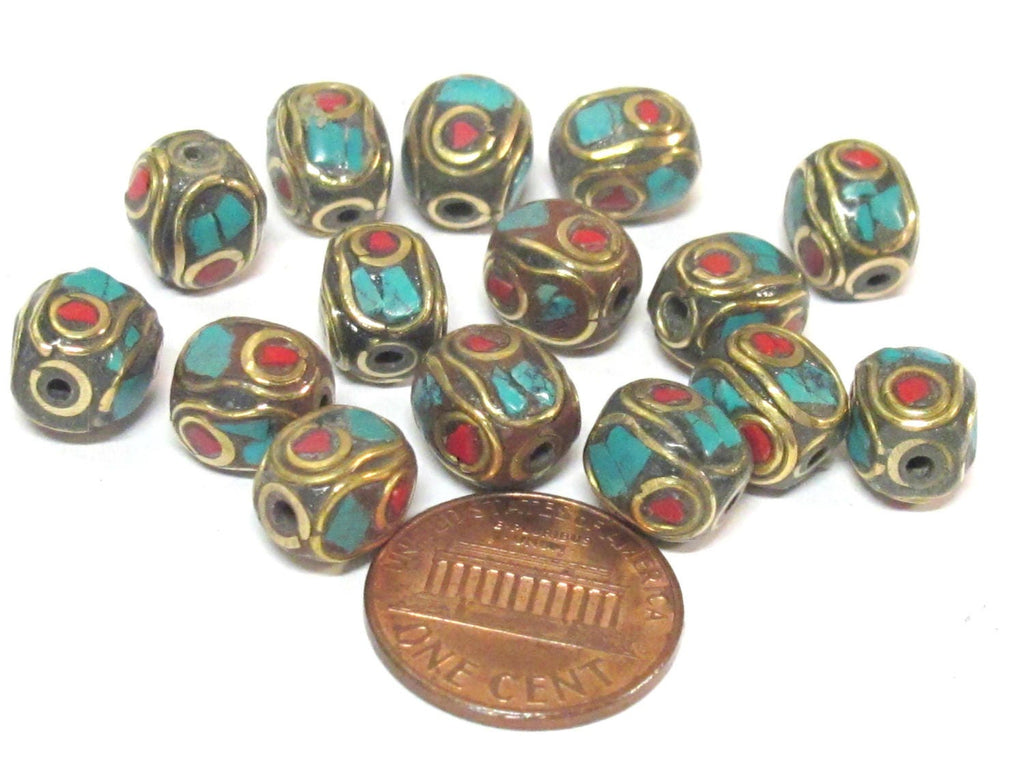 2 beads - Beautiful Nepal beads oval cuboid shape brass turquoise inlay - BD286A