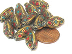 Nepal beads - 2 Beads - Rice bean shape ethnic nepal beads with circles design brass turquoise inlays - Tibetan beads - BD951