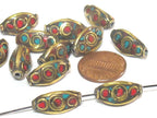 Nepal beads - 2 Beads - Rice bean shape ethnic nepal beads with circles design brass turquoise inlays - Tibetan beads - BD951