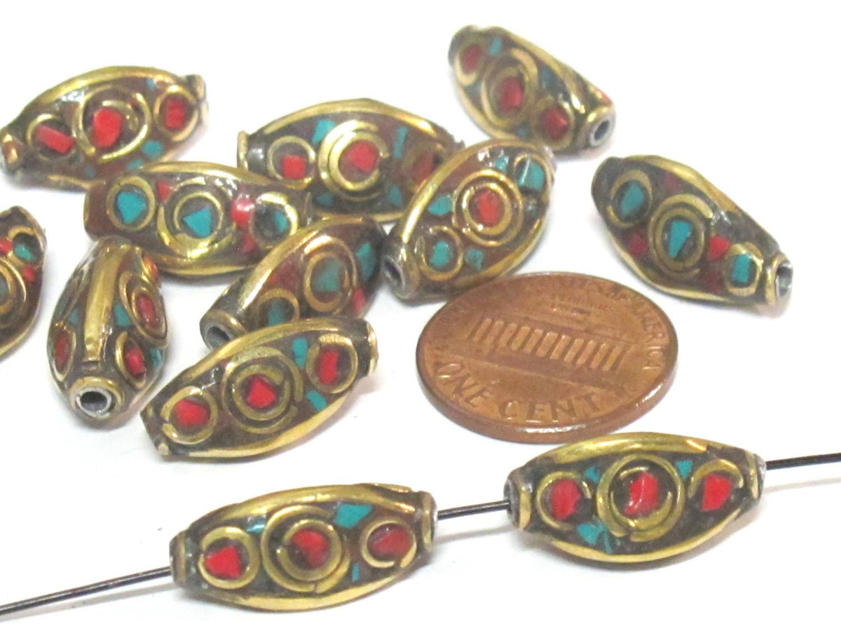 Nepal beads - 2 Beads - Rice bean shape ethnic nepal beads with circles design brass turquoise inlays - Tibetan beads - BD951