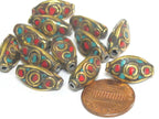 Nepal beads - 2 Beads - Rice bean shape ethnic nepal beads with circles design brass turquoise inlays - Tibetan beads - BD951