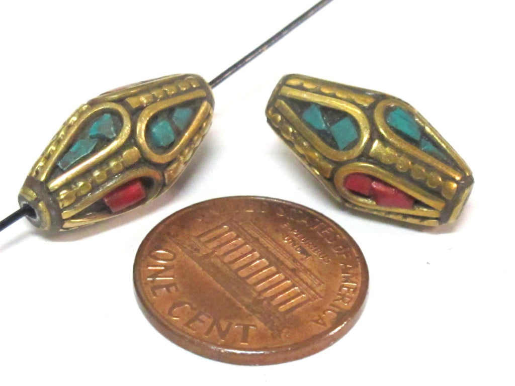 2 Beads - Bicone shape ethnic nepal bead with brass turquoise inlays - BD952