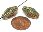 2 Beads - Bicone shape ethnic nepal bead with brass turquoise inlays - BD952