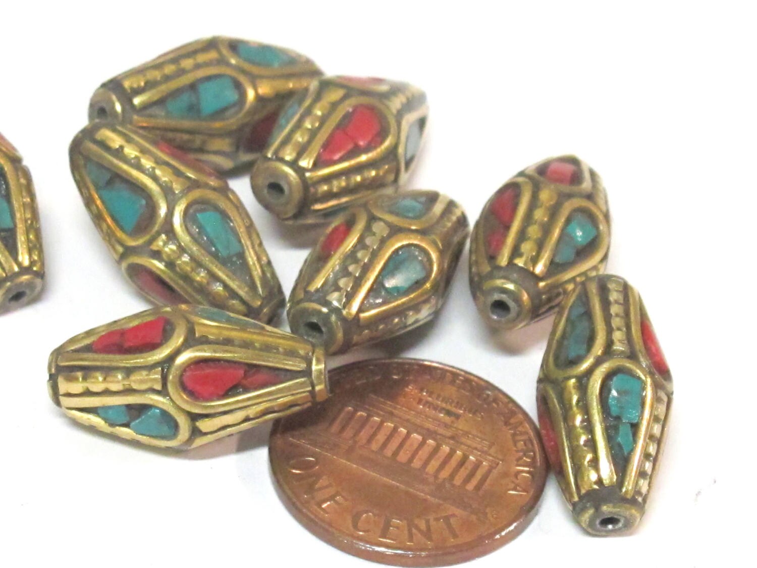 2 Beads - Bicone shape ethnic nepal bead with brass turquoise inlays - BD952