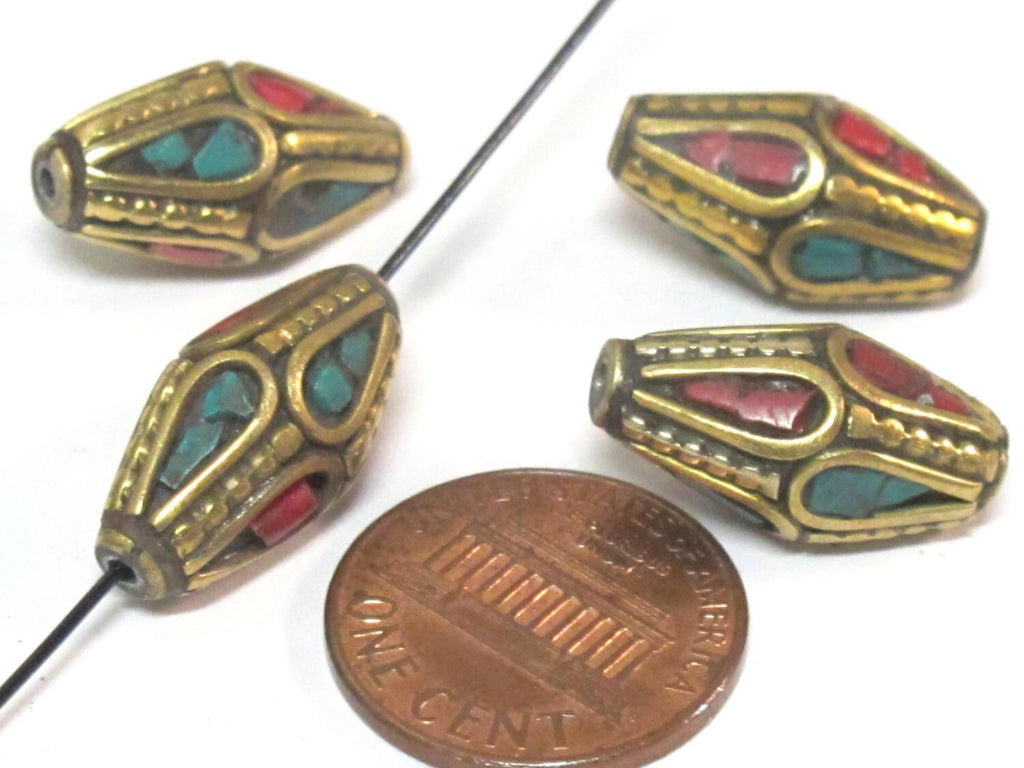 2 Beads - Bicone shape ethnic nepal bead with brass turquoise inlays - BD952