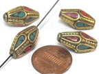 2 Beads - Bicone shape ethnic nepal bead with brass turquoise inlays - BD952