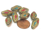 2 Beads - Bicone shape ethnic nepal bead with brass turquoise inlays - BD952