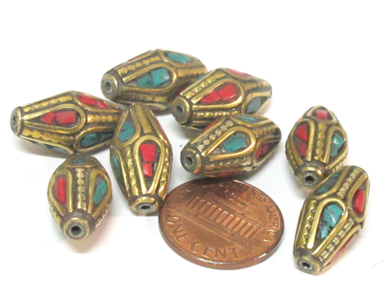 2 Beads - Bicone shape ethnic nepal bead with brass turquoise inlays - BD952