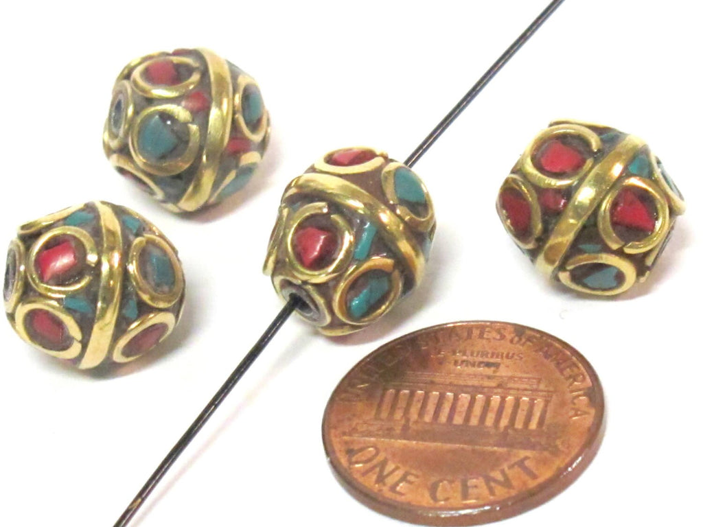 10 Beads - Ethnic Nepal beads oval shape brass circles design with turquoise inlay - BD051Az