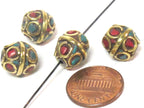 Beautiful Pair of nepalese brass beads oval shape circles design with turquoise inlay - 2 beads - BD051A