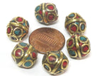 10 Beads - Ethnic Nepal beads oval shape brass circles design with turquoise inlay - BD051Az