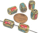 4 Beads - Tibetan brass beads thick cylinder tube shape with turquoise inlay from Nepal - BD953
