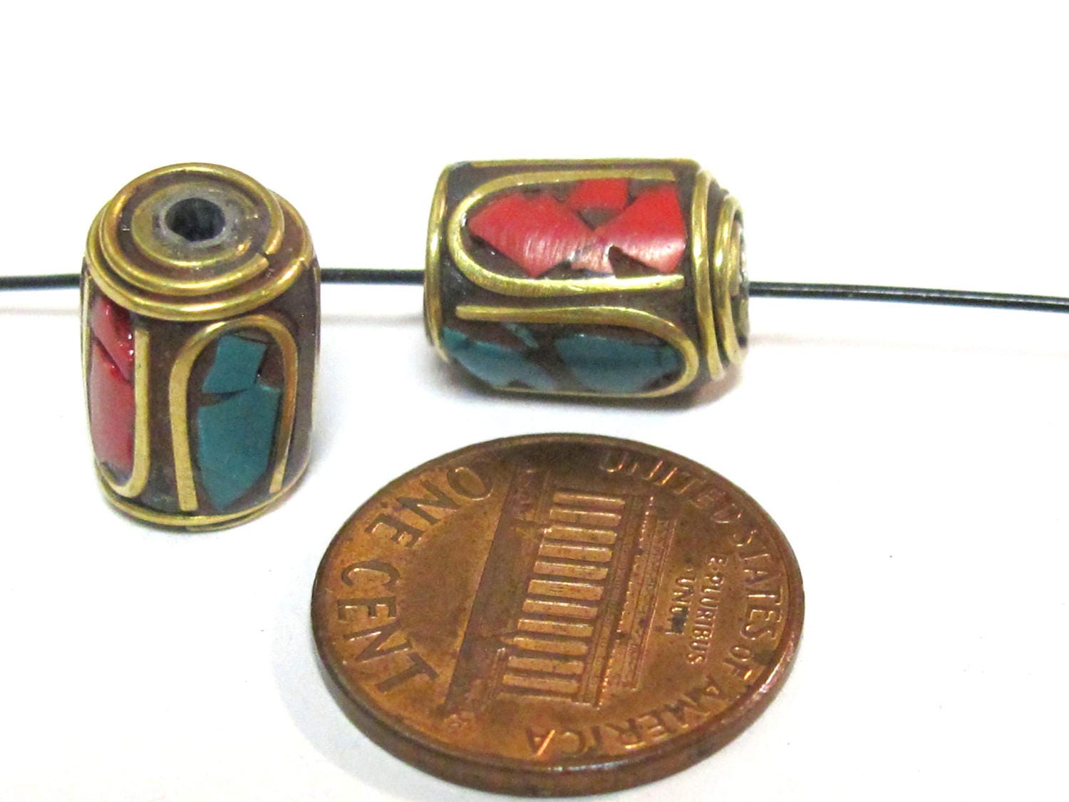 4 Beads - Tibetan brass beads thick cylinder tube shape with turquoise inlay from Nepal - BD953