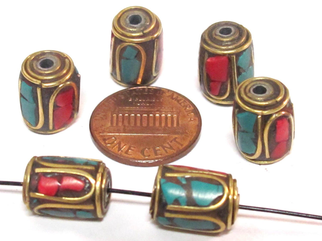 4 Beads - Tibetan brass beads thick cylinder tube shape with turquoise inlay from Nepal - BD953